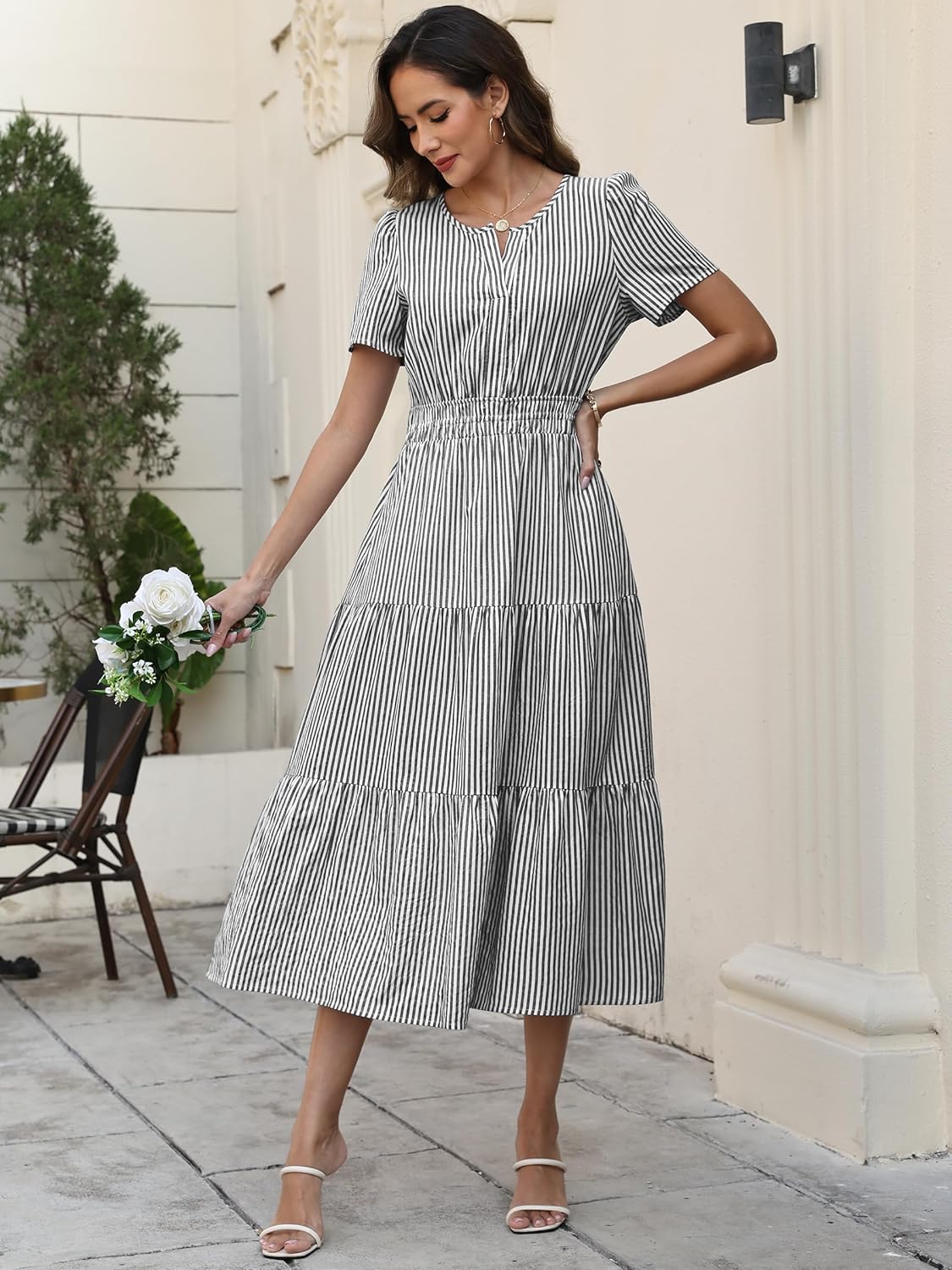 Caracilia Women's Summer Short Sleeve V-Neck Maxi Dress, Gingham & Striped Fabric, Casual A-Line Dress for Beach & Vacation
