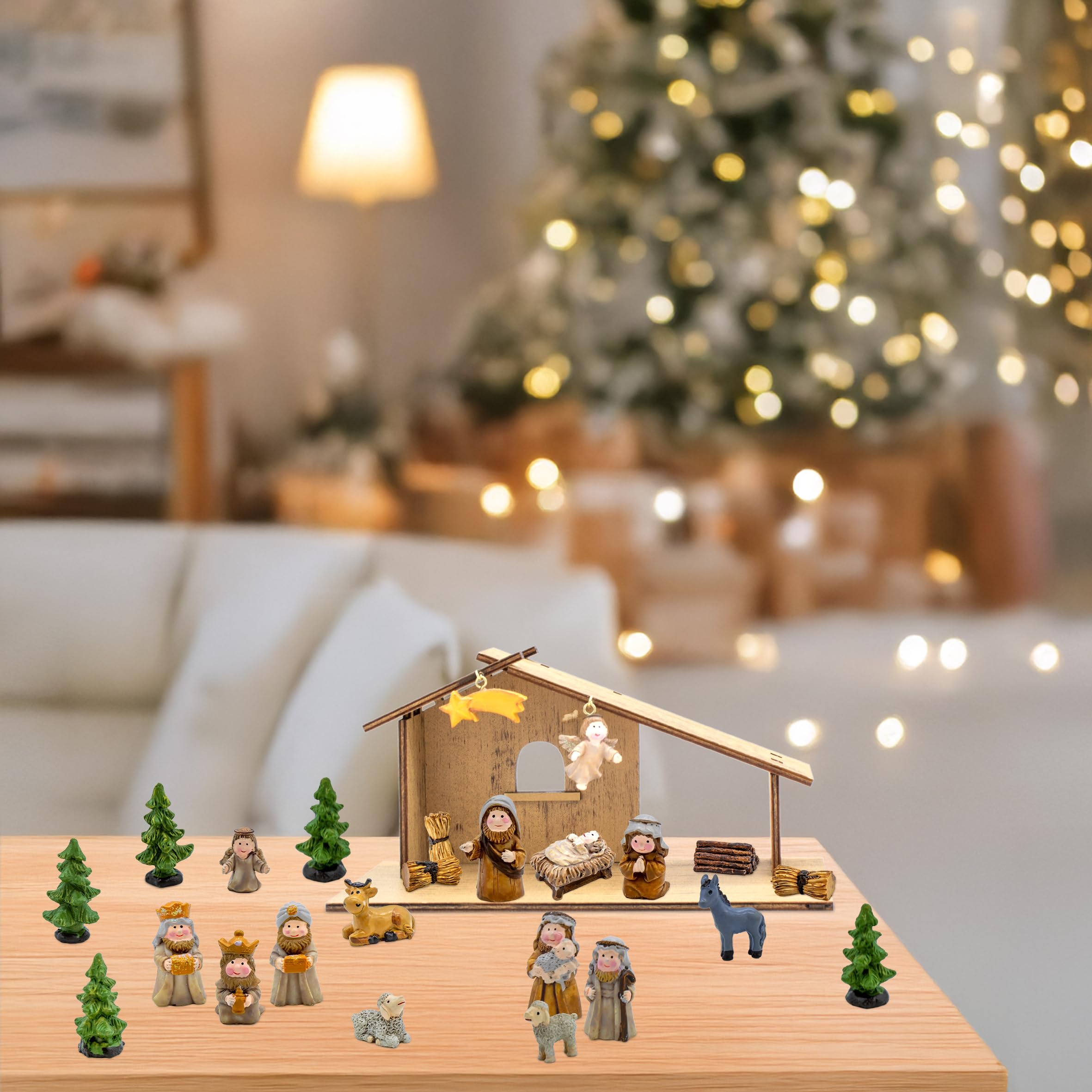 Calendario dell'Avvento della Natività di Natale 2024 con 24 Figure - 26 x 13 cm - Presepe in Legno con Figure in Pietra Artificiale - Decorazione Natalizia per Tavolo Presepe di Natale