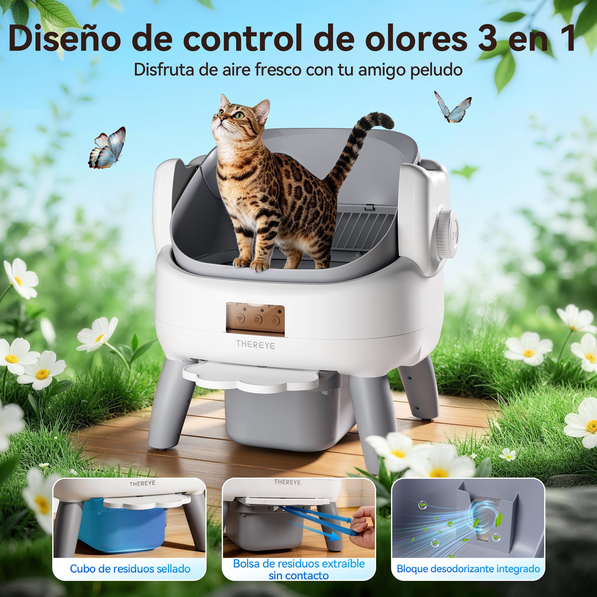 Thereye Arenero Gatos Autolimpiable con Escalón de Entrada,Arenero Automático de Diseño Abierto con Control por Aplicación,Sensor de Seguridad,Protección Anti-atrapamiento y Eliminación de Olores