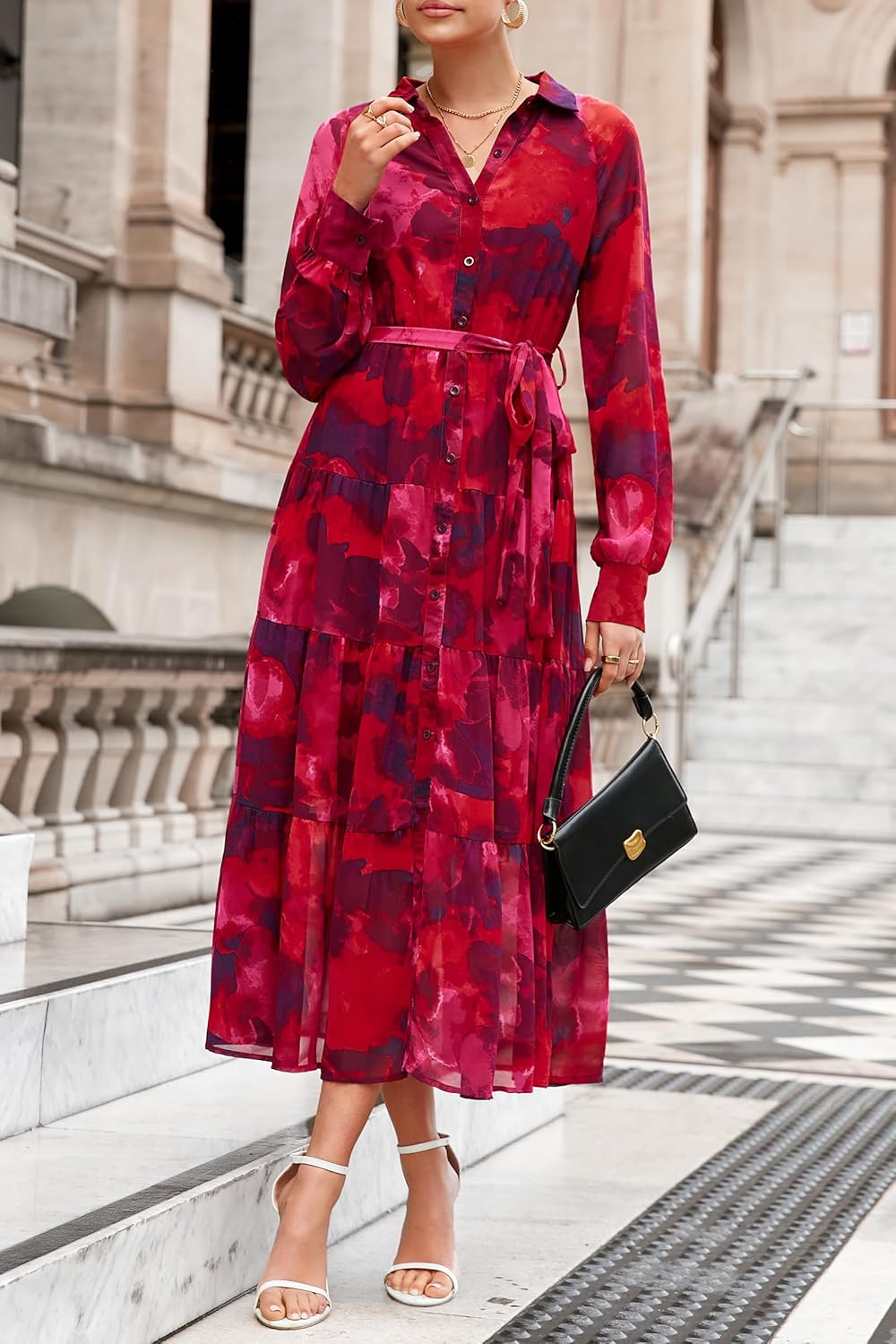 PRETTYGARDEN Womens Spring Dress 2026 Casual Long Sleeve Button Down Belted Boho Floral Flowy Maxi Wedding Guest Dresses - Image 7