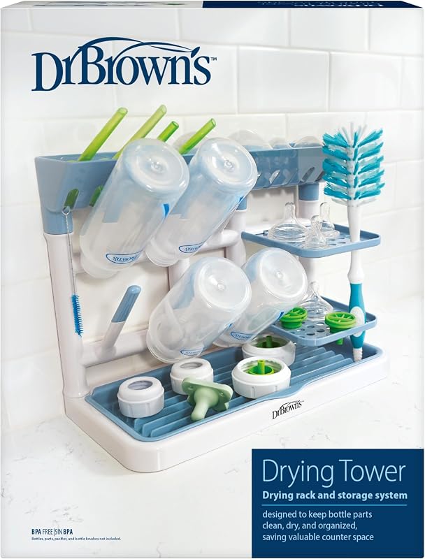Drying Tower, Stand-Up Drying Rack, Countertop Baby Bottle Drying with Organized Storage for Baby Essentials, Space Saving Vertical Rack, Blue/White