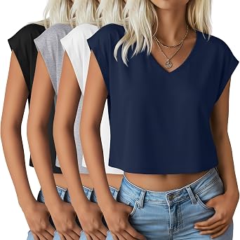 4 Pack Womens Crop Tops V Neck Cropped T Shirts Cap Sleeves Summer Casual Trendy Shirts Loose Fit Basic Tees