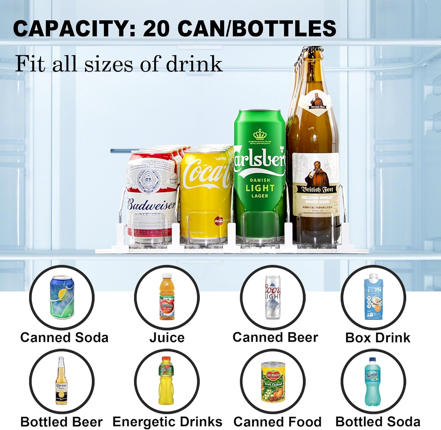 LumoShine Drink Organizer for Fridge, Self-Pushing Soda Can Dispenser for Refrigerator, Width Adjustable Pusher Glide for 12oz to 20oz holds (White, 14.96" D x 13.38" W— 4 Rows)