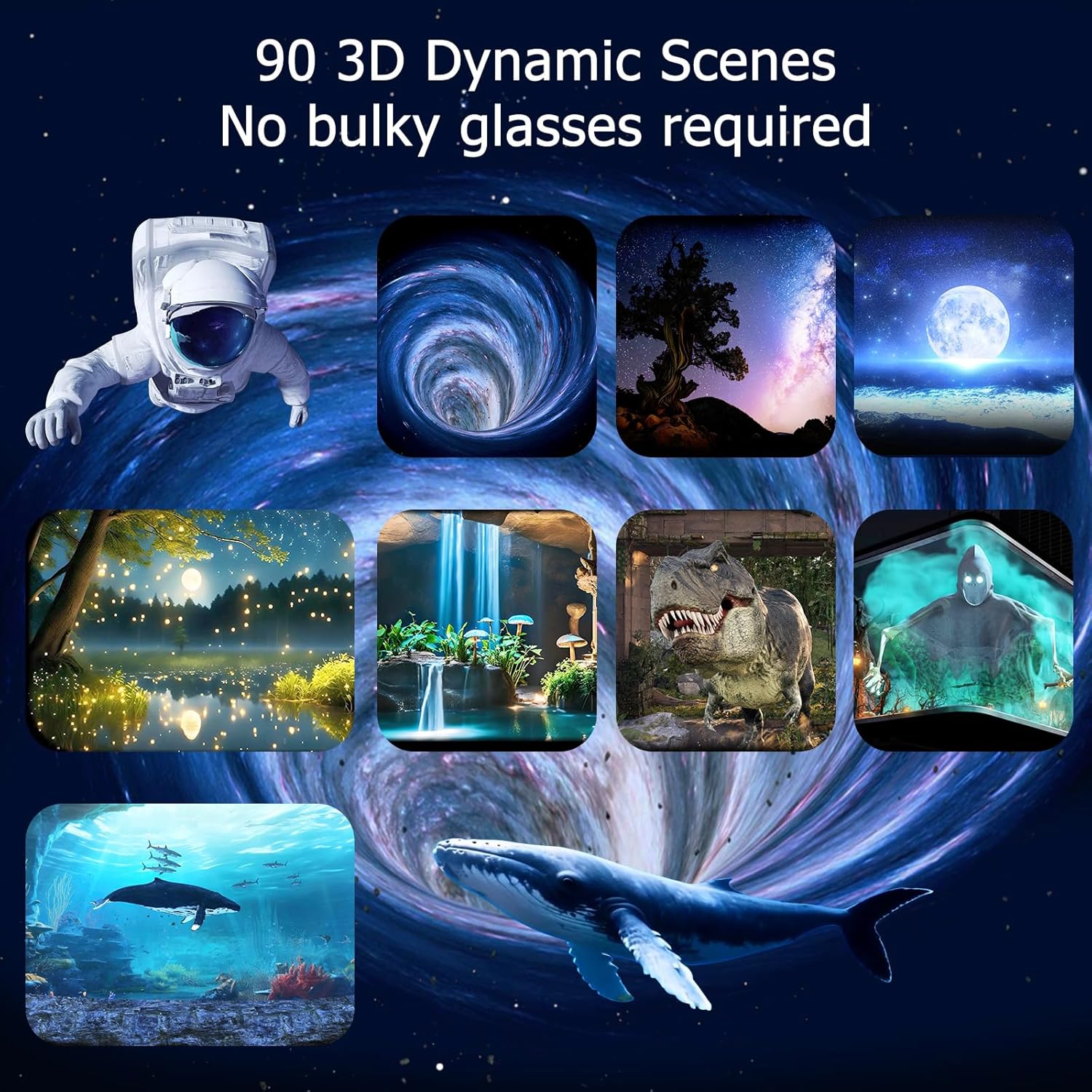 A collage of nine different 3D dynamic scenes projected by the MHAZDZE Galaxy Projector, including space, forest, and underwater themes.