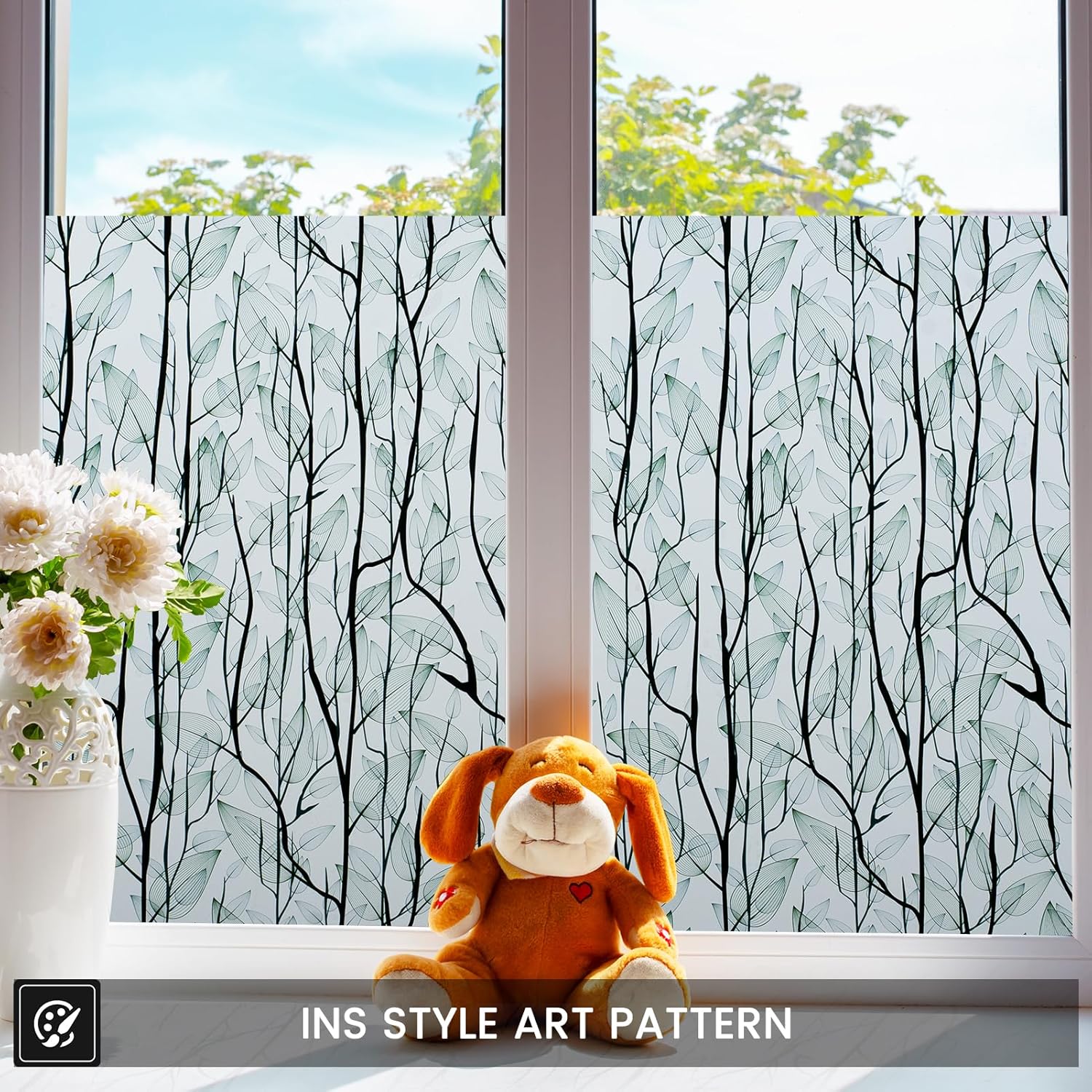 DKTIE Ins Style Palm Leaves Stained Glass Window Film Vintage Oil Painting Art Two Way Privacy Day and Night Nordic Monstera Modern Home Decor (C1747, 35.4 x 118.1 Inch)