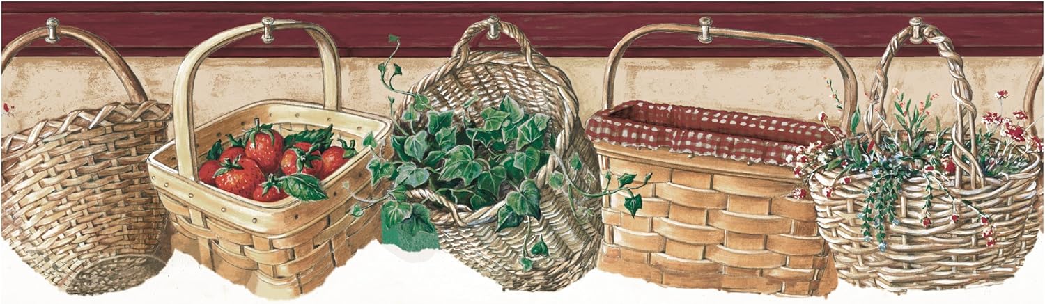 York Wallcoverings Small Treasures Diecut Woven Baskets Prepasted Border, Tan/Brown/Green/Red