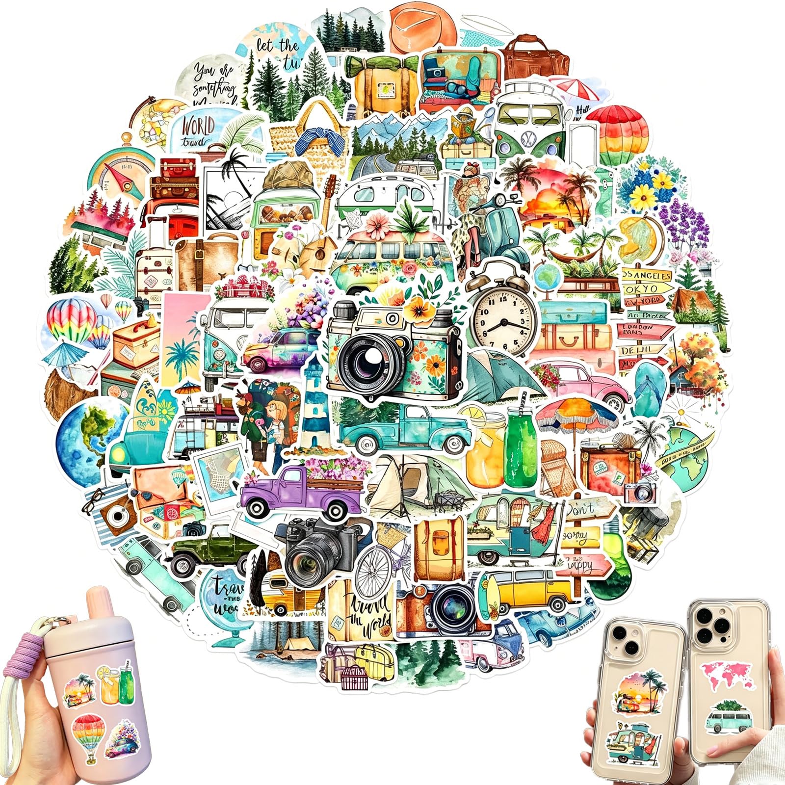 PERSENTU Vintage Travel Stickers, 100Pcs Cute Retro Travel Stickers Aesthetic Scrapbook Sticker Decor Sticker for Luggage Laptop Planners Phone Water Suitcase Notebooks Album Scrapbook Accessories