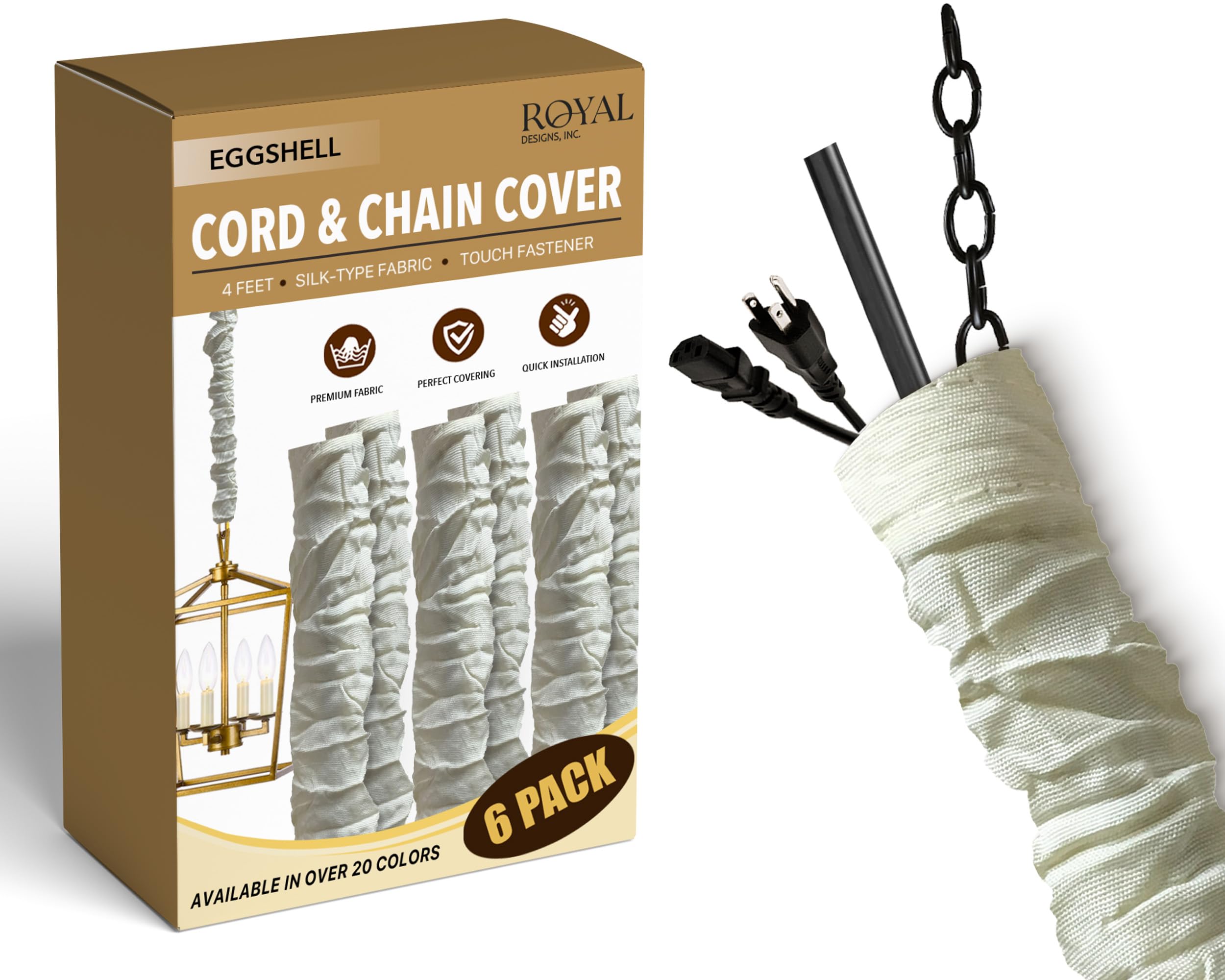 Royal Designs, Inc. Cord &amp; Chain Cover 4 ft Silk Type Fabric, Chandelier Pendant Lighting Chain &amp; Cable Management, Touch Fastener, Eggshell - 6 Pack