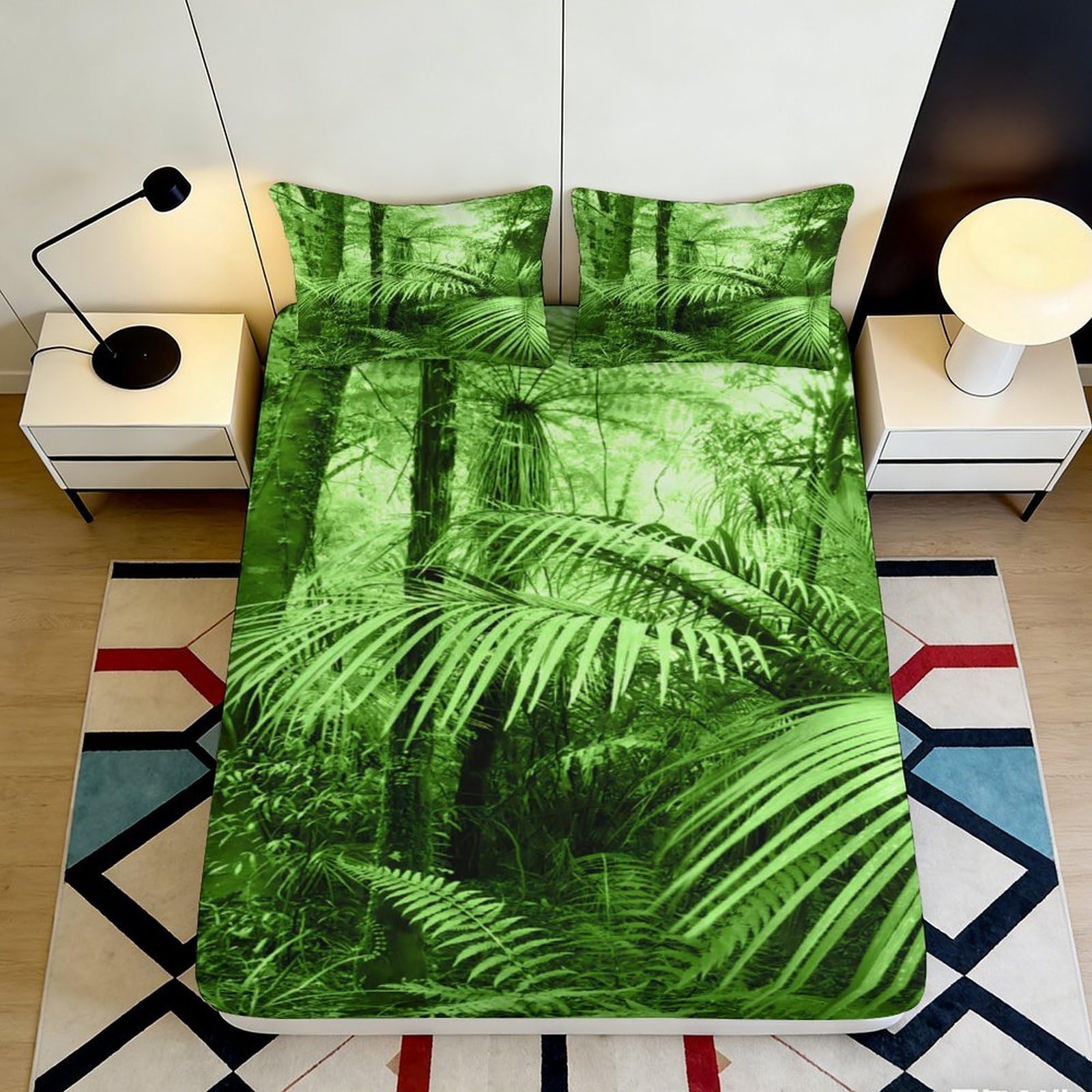 3D Printed Tropical Forest Fitted Sheet Microfiber Durable Soft Green Jungle Bed Cover for Bedroom Dormitory Guest Room Mattress Protection 90x200x25cm