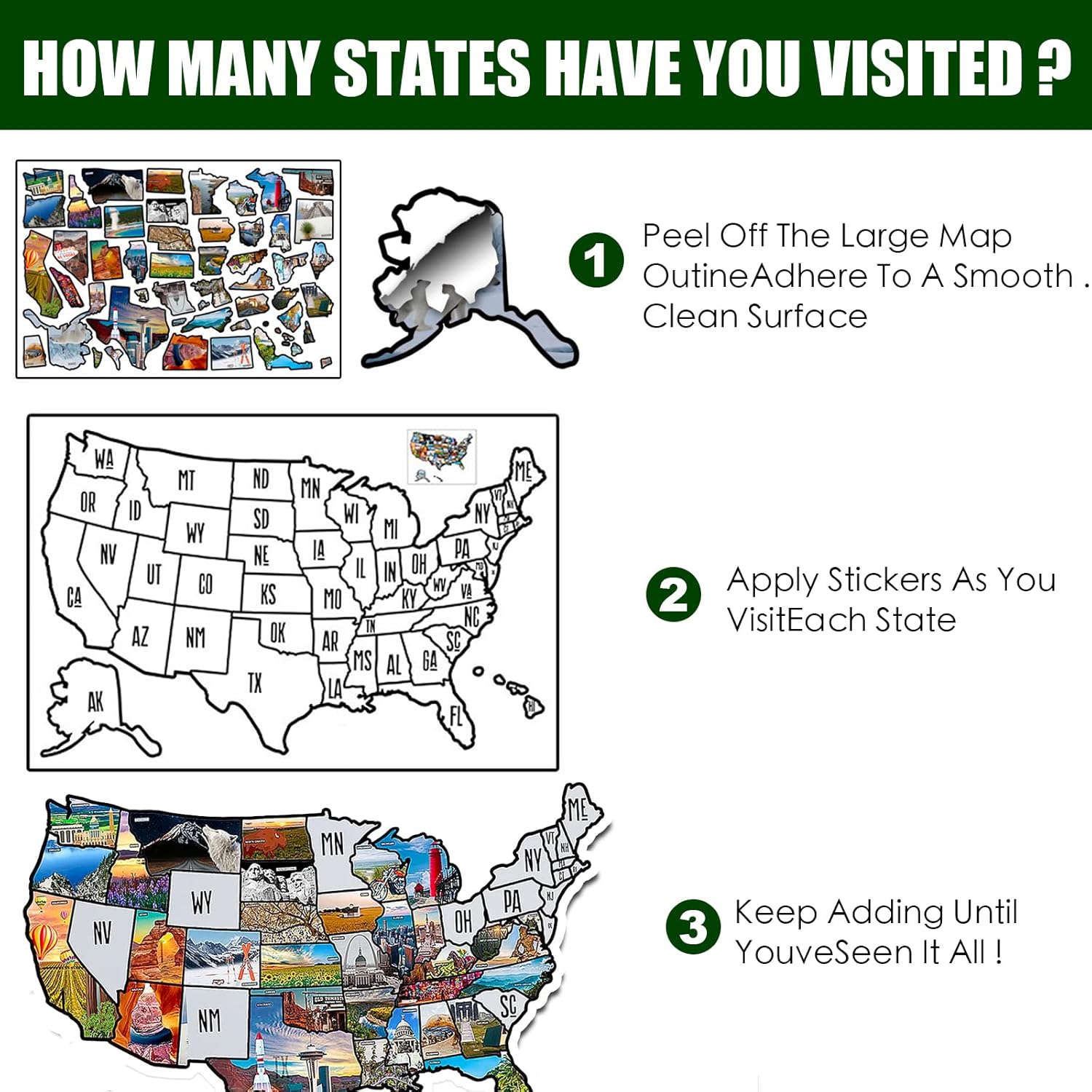 Pacify 2 Sheets RV Stickers Decals 24x16 Travel of US Map Sticker Visited States for Travel Trailer and Door Wall - 50 State Bumper Stickers, Include with Scenic Illustrations
