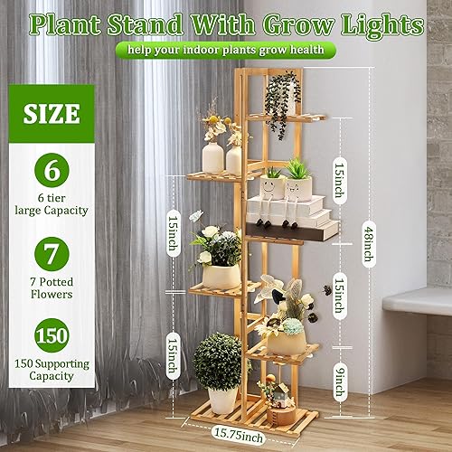 Miniatura 2 de Dreyoo Soporte para plantas de 48 pulgadas con luz de crecimiento, 6 niveles para 7 macetas, soporte para plantas para sala de estar o patio,
