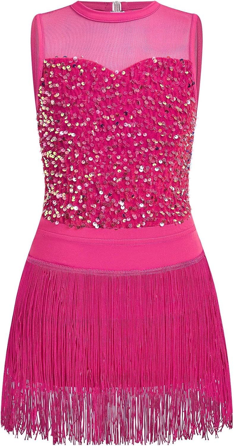 IWEMEK 2PCS Latin Jazz Hip Hop Dance Outfits for Girls Sequin Velvet Fringe Bodysuit Tassel Skirt Ballroom Dress Dancewear