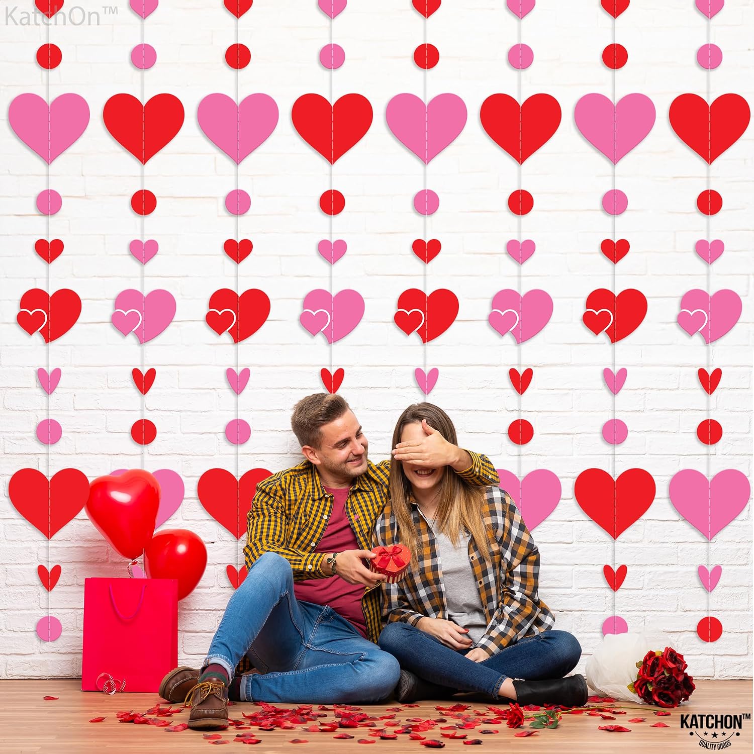 KatchOn, Pink and Red Garland - Pack of 8 No DIY | Heart Decorations for Home | Heart Streamers | Wedding Shower Decorations | Heart Banner Garland | Valentines Day Decorations | Love Decoration