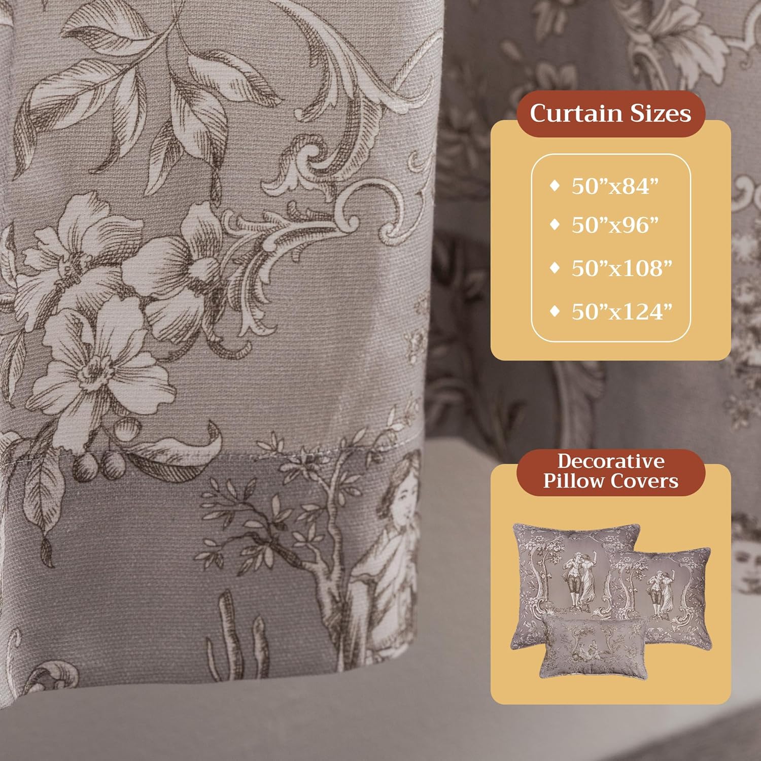 Maison d' Hermine Curtains for Living Room 100% Cotton 124 inch Length One Panel Light Filtering Toile Curtains for Bedroom Windows with Rod and Loop Pockets Drapes (Joli Jouy Beige, 50" W x 124" L)