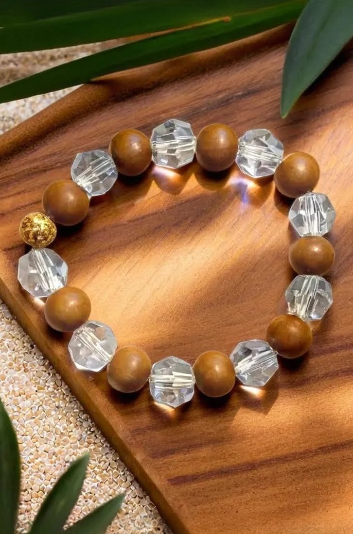TRISHAKTI PRODUCTS Natural Original Wood and Clear Crystal Diamond Cut Quartz Reiki Chakras Bracelet for Men & Women, Stretchable Band 6.5 to 7.5 in, Bead Size: 10mm
