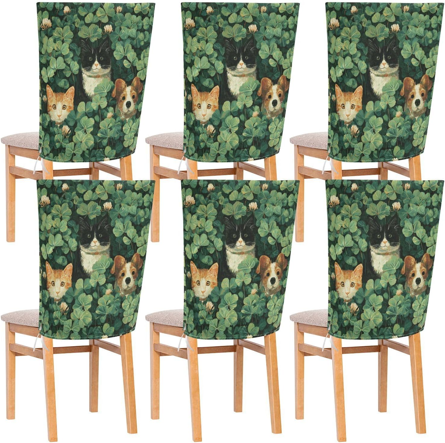 ALAZA St Patrick's Day Cats Dogs Clovers Chair Back Cover Set of 6, Washable Reusable Removable Chair Slipcovers Decorative Chair Cover for Home Kitchen Wedding Party