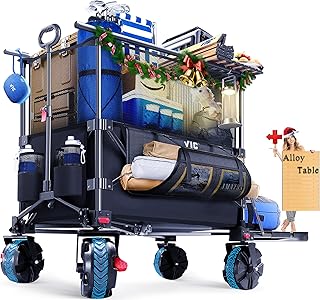VIC 480L Super Cart & Table Set 1=5, Mega Capacity Folding Double Decker Wagon with Brakes, 54" Extra Long Extender Wagon Cart, 680lbs Heavy Duty Collapsible Carts, All-Terrain Big Wheels