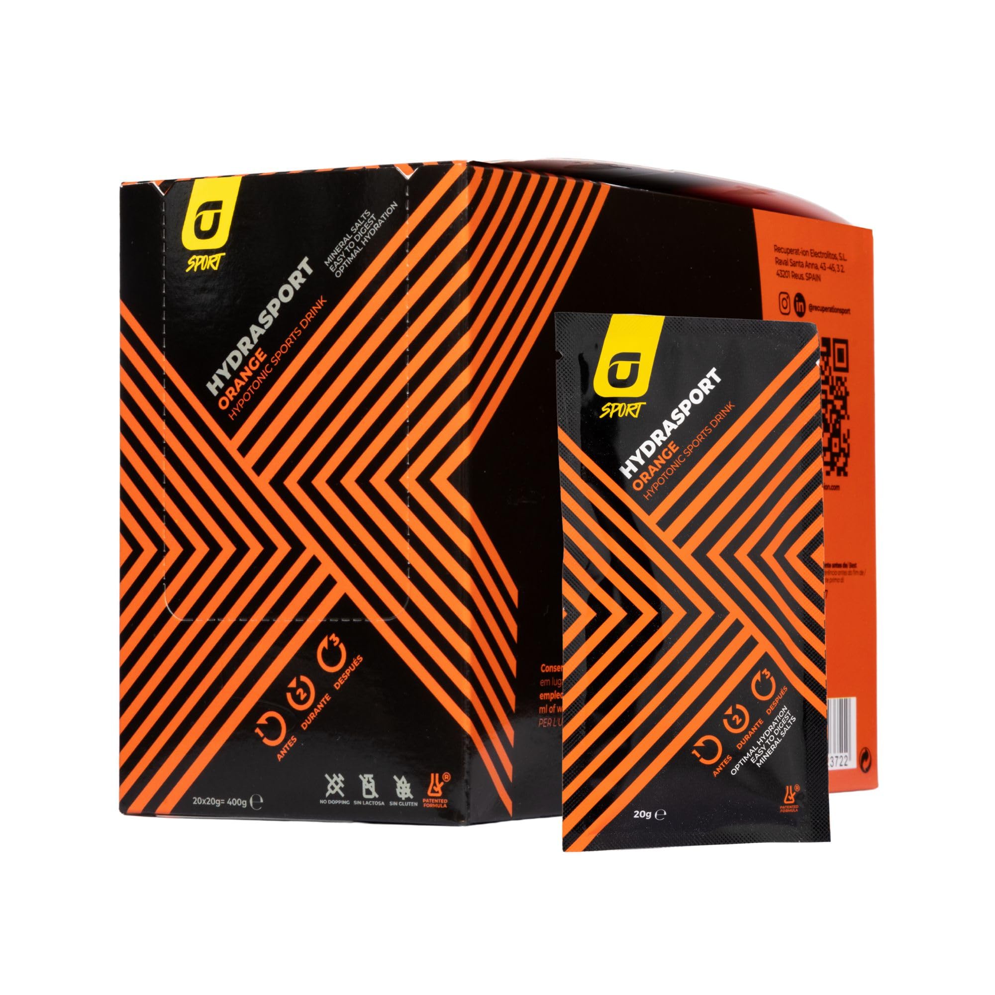 Bebida Hipotónica en Polvo con Electrolitos + Vitamina B1 + Sales Minerales para Deportistas - Hidratación Muscular - Sabor Naranja Sin Gluten Ni Lactosa - Pack 20 Sobre Apto Veganos | RECUPERATION