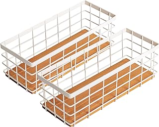TIEYIPIN Small Metal Wire Storage Basket, Detachable Wood Base Storage Organizer Bin Basket for Kitchen Cabinets, Bathroom, Pantry, Garage, Laundry Room (Cream White, 2 Pack)