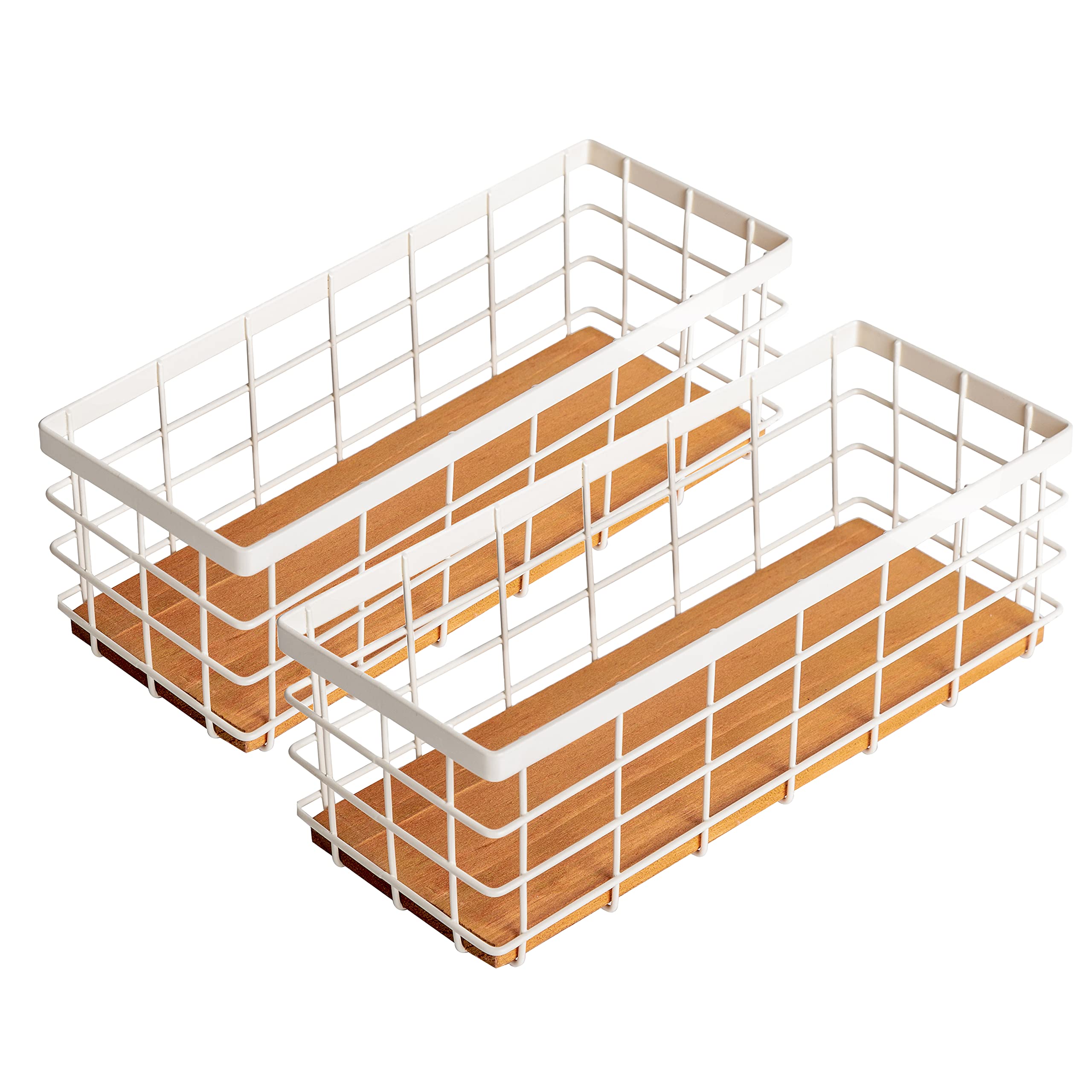 TIEYIPIN Small Metal Wire Storage Basket, Detachable Wood Base Storage Organizer Bin Basket for Kitchen Cabinets, Bathroom, Pantry, Garage, Laundry Room (White, 2 Pack)