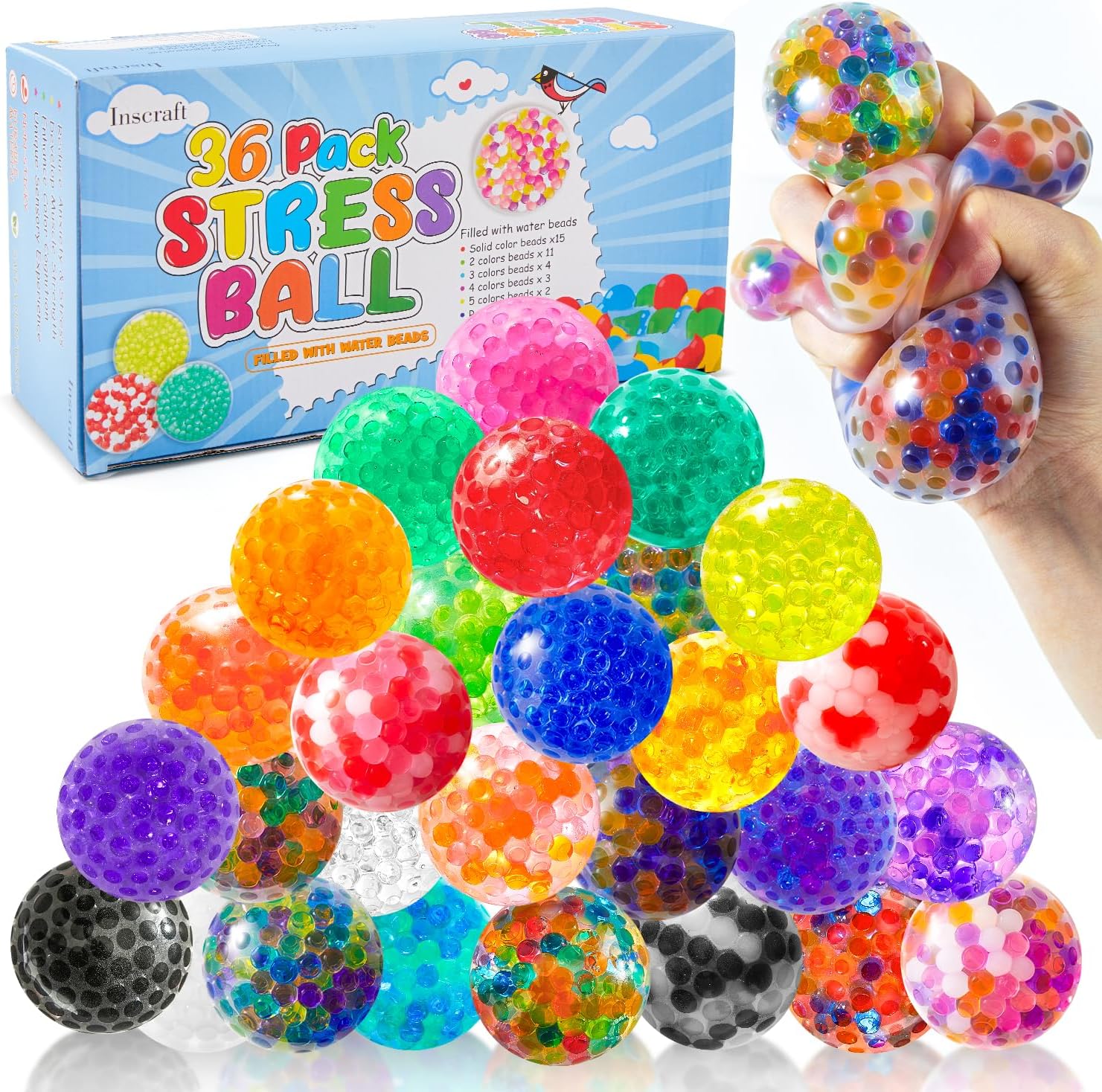 INSCRAFT 36 Pack Stress Balls Set for Adults, Squishy Fidget Toys with High Resistance, Colorful Squeeze Balls, Relieve Stress and Anxiety