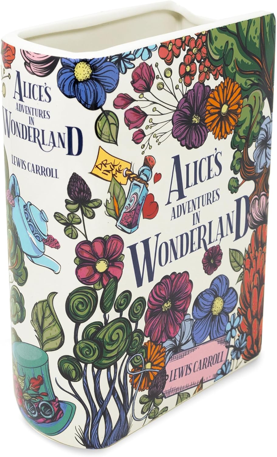 Steel Mill and Co. Book-Shaped, Ceramic, Decorative Vase, Large, Alice's Adventures in Wonderland Bundle with 14 oz Book Lovers Ceramic Coffee and Tea Mug, Alice's Adventures in Wonderland