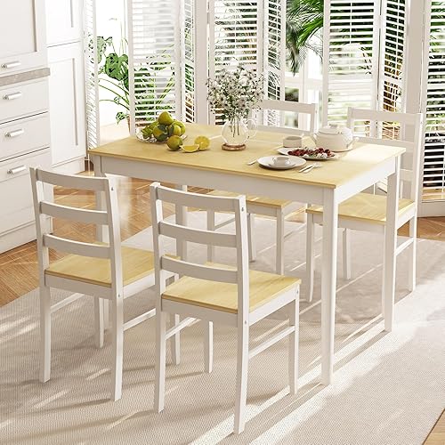 Miniatura 2 de NAFORT Juego de 4 mesas de cocina para 4, mesa de comedor y sillas de madera maciza, juego de mesa de comedor de granja con patas de madera de goma,