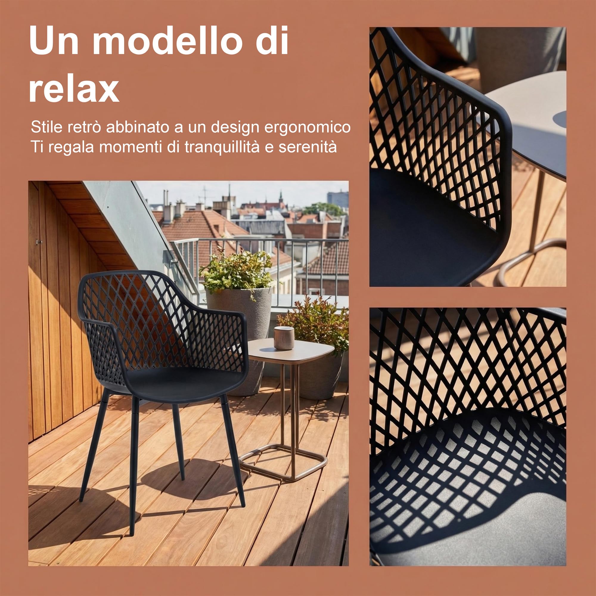 Set di 6 sedie da sala da pranzo con schienale moderno geometrico in plastica con gambe in metallo, sedie da giardino per esterni, sedie da pranzo con braccioli, per balcone, nero