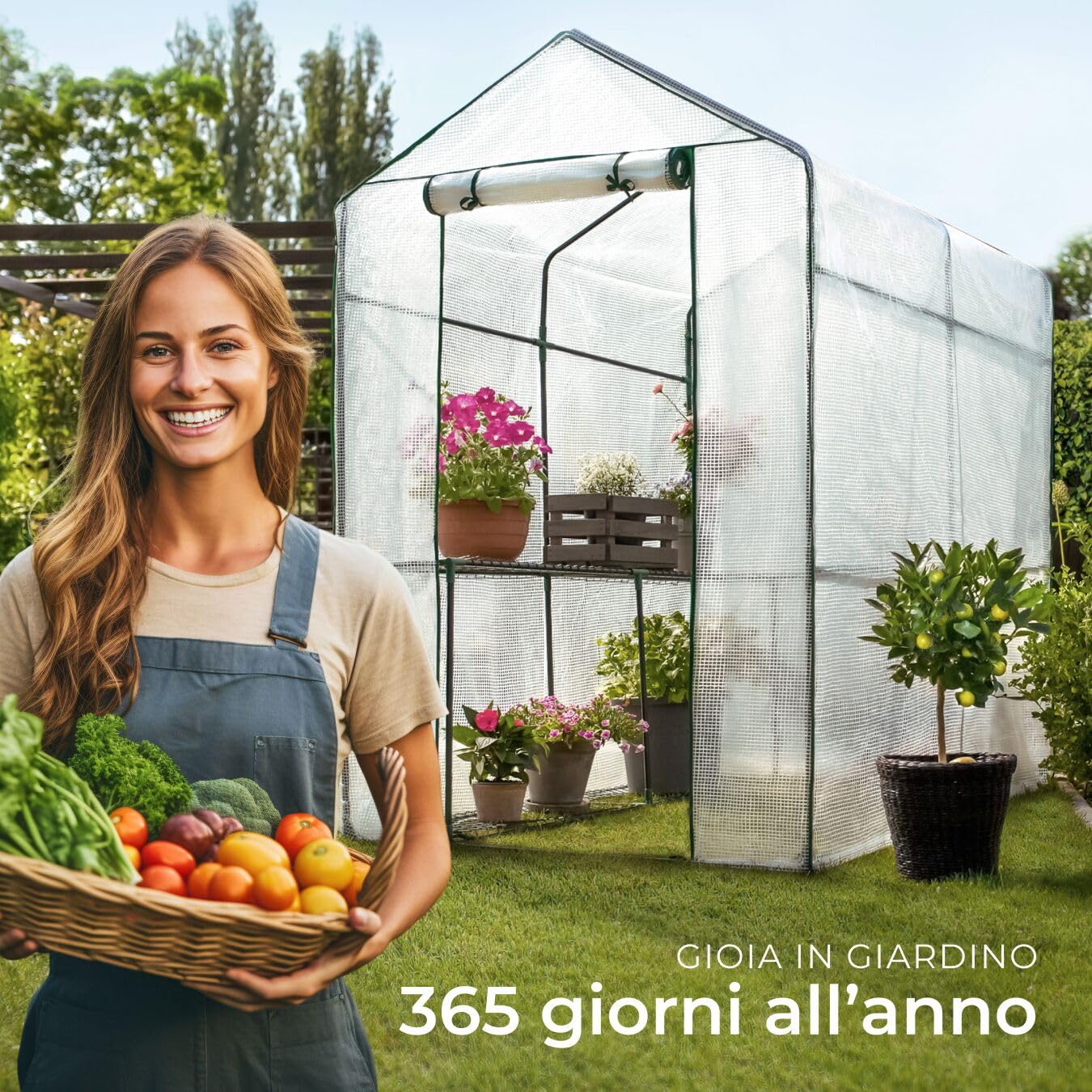 tectake® Serra da Giardino con Telaio in Acciaio, Serra per Orto con 4 Griglie di Appoggio in Metallo, Pellicola Retinata in Propilene, Comoda Porta di Accesso, Resistente ai Raggi UV - Bianco