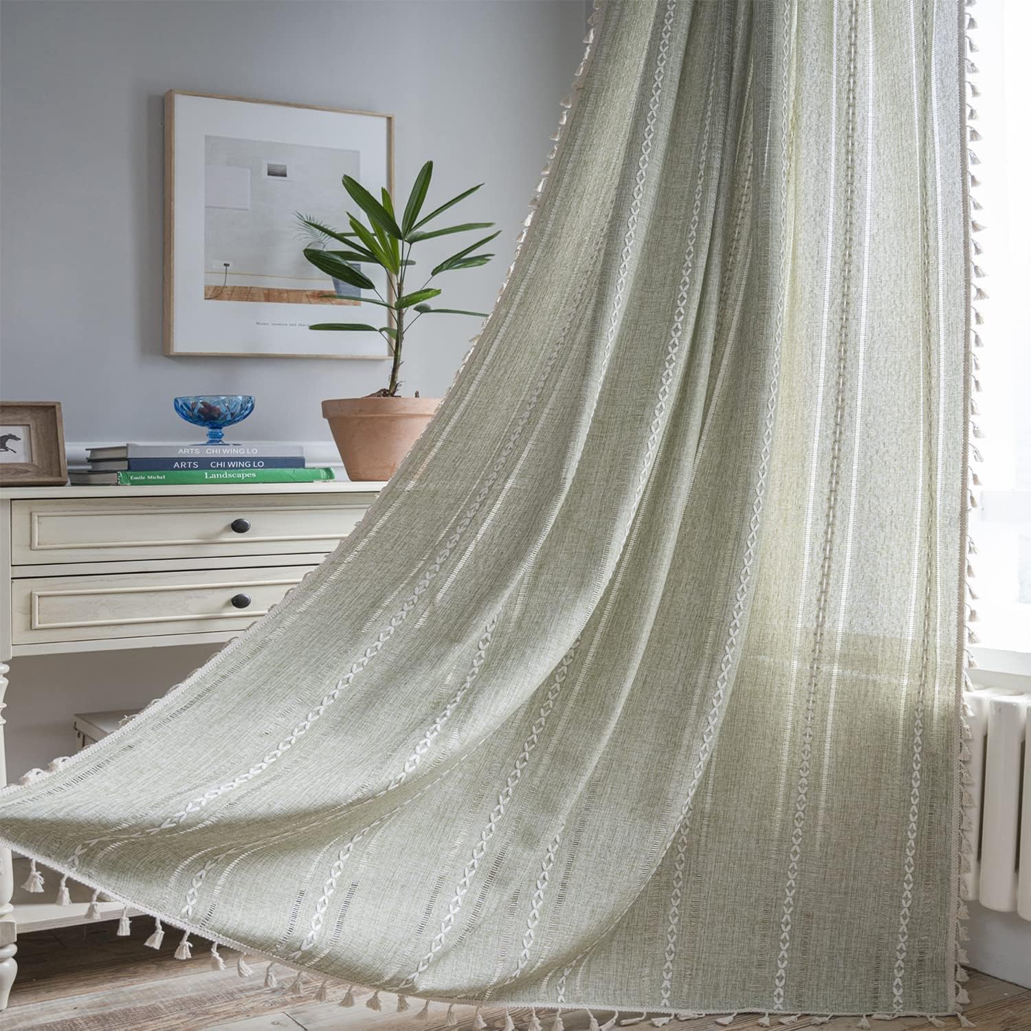ColorBird Sage Green Curtains 84 inch Length, 2 Panels Boho Linen Curtains for Bedroom,Room Darkening Curtains & Drapes, Embroidered Window Curtain Panels for Dining Living Room Nursery Doorways
