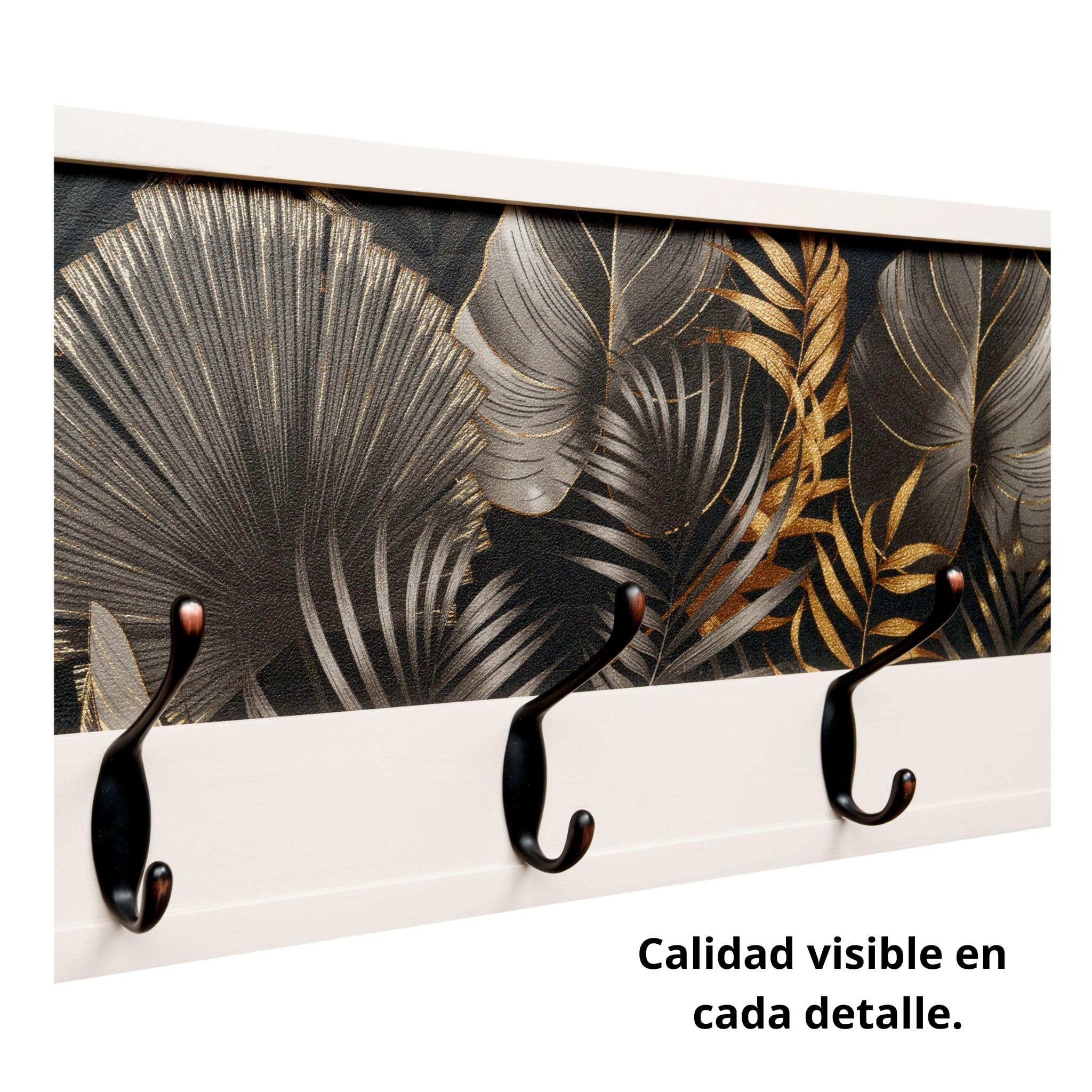 Perchero Pared Madera 52x25cm Jungle Glam Blanco 4 Ganchos | Hecho en España. 4 ganchos dobles (8 colgadores) para ropa y abrigos. Ideal para entrada, salón u oficina.
