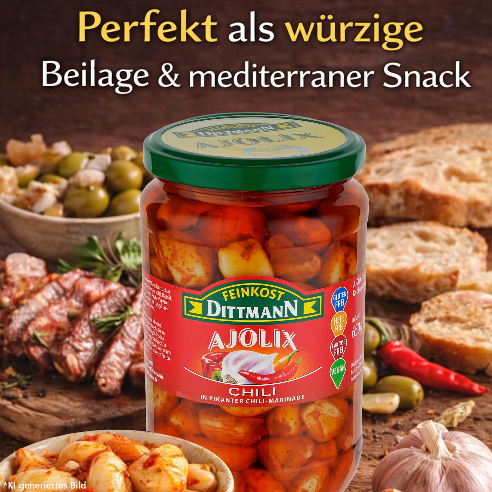 Feinkost Dittmann Ajolix Chili Knoblauch 650g 3er Pack – Antipasti | pikant eingelegte Knoblauchzehen in Chili-Pflanzenöl – verzehrfertig für Salate & mediterrane Küche