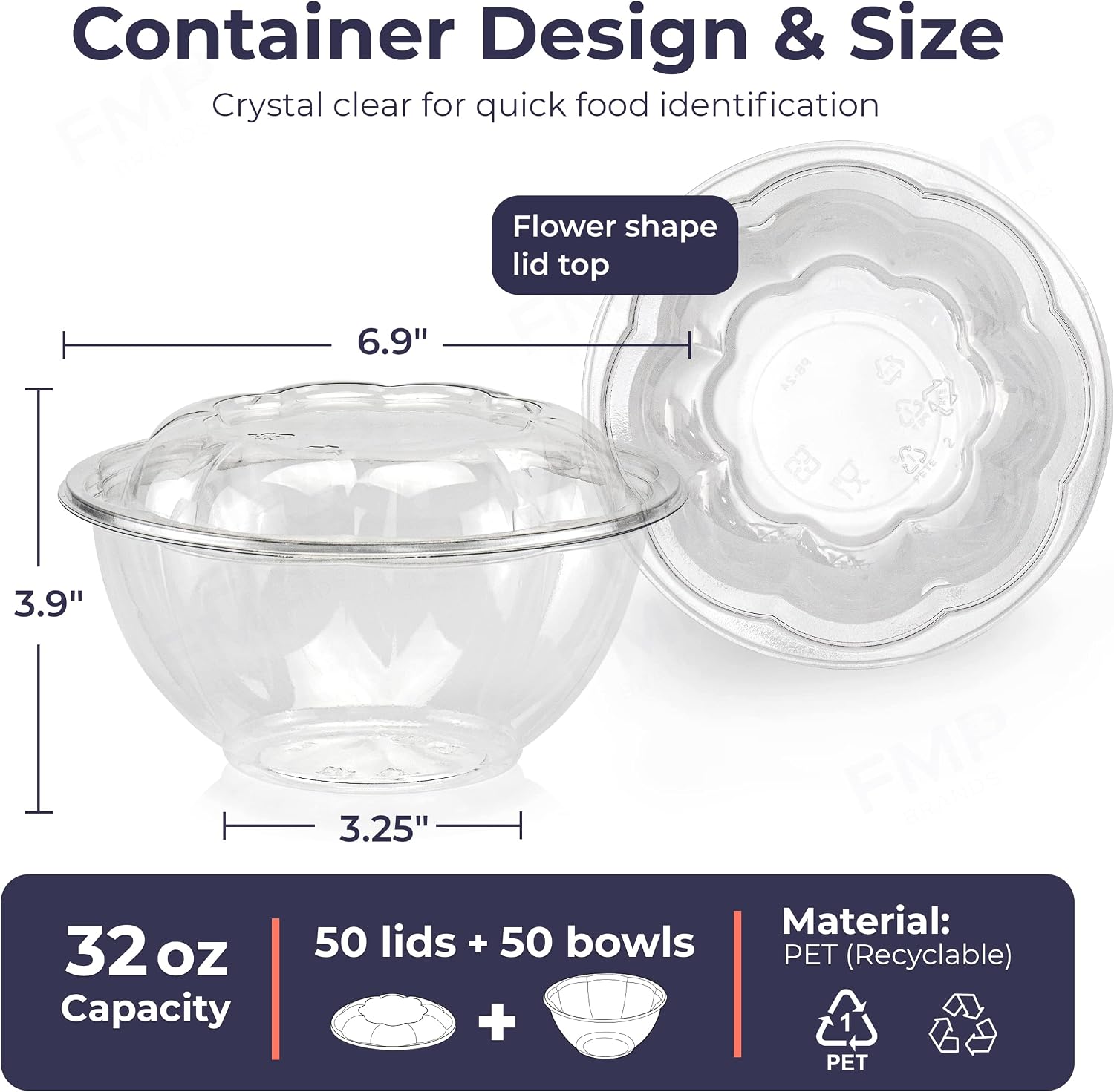 Fit Meal Prep 50 Pack 32 oz Disposable Plastic Clear Salad Bowls with Airtight Lids - To Go for Lunch, Takeout, Party, Catering, Picnic