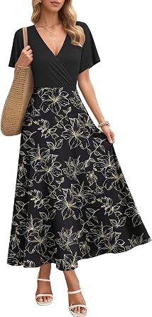 AUSELILY Maxikleider Damen Sommer Kleid Lässig Hohe Taille Lockere Passform Mit Taschen