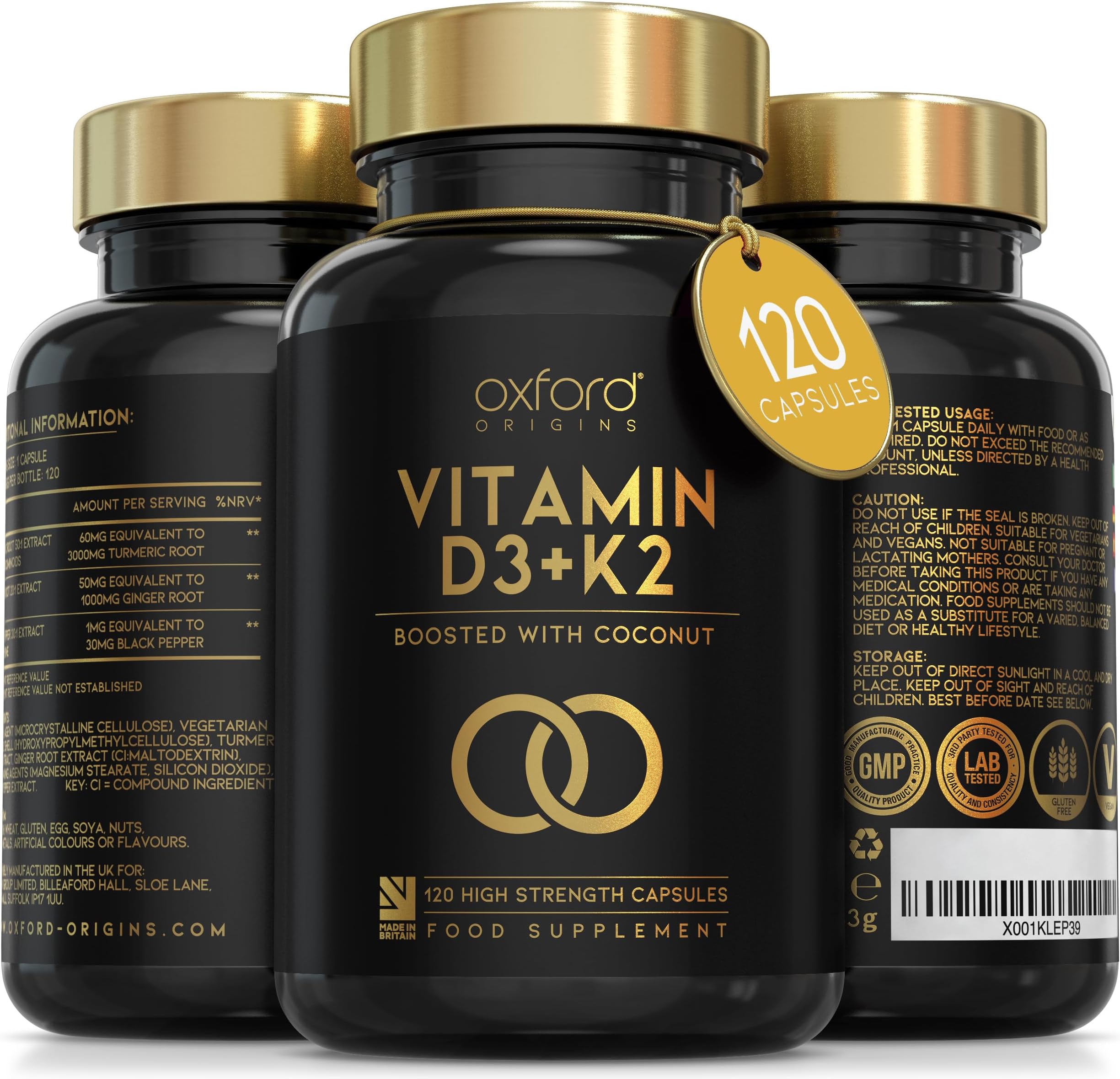 Oxford Origins Vitamin D3 K2 Capsules | Made in the UK | 4000 iu Vitamin D3 & 100mcg K2 MK7 | Boosted with Coconut MCTs for Absorption | 4 Month Supply - 120 Capsules