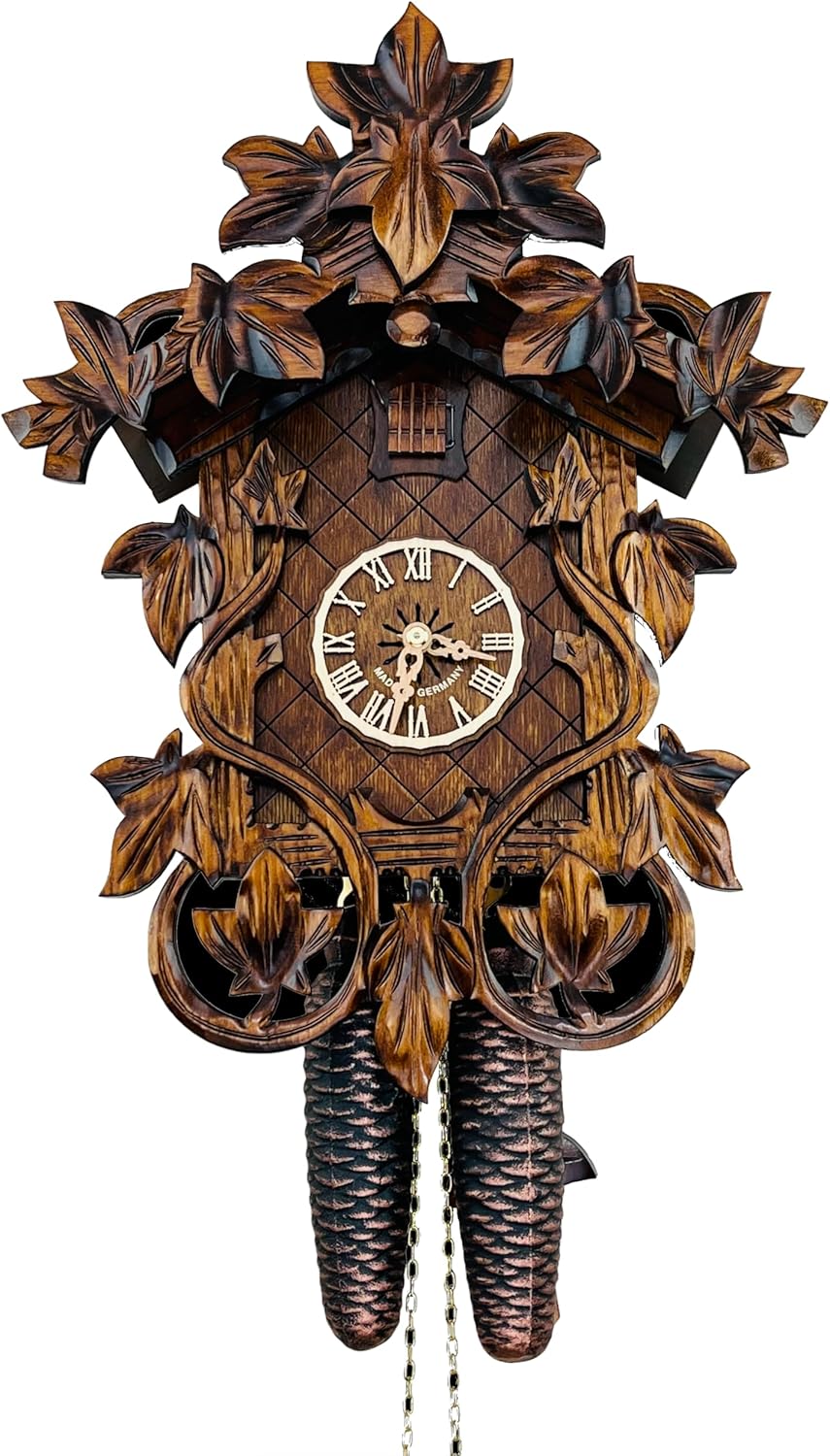 Eight Day Cuckoo Clock with Hand, Carved Vines and Leaves