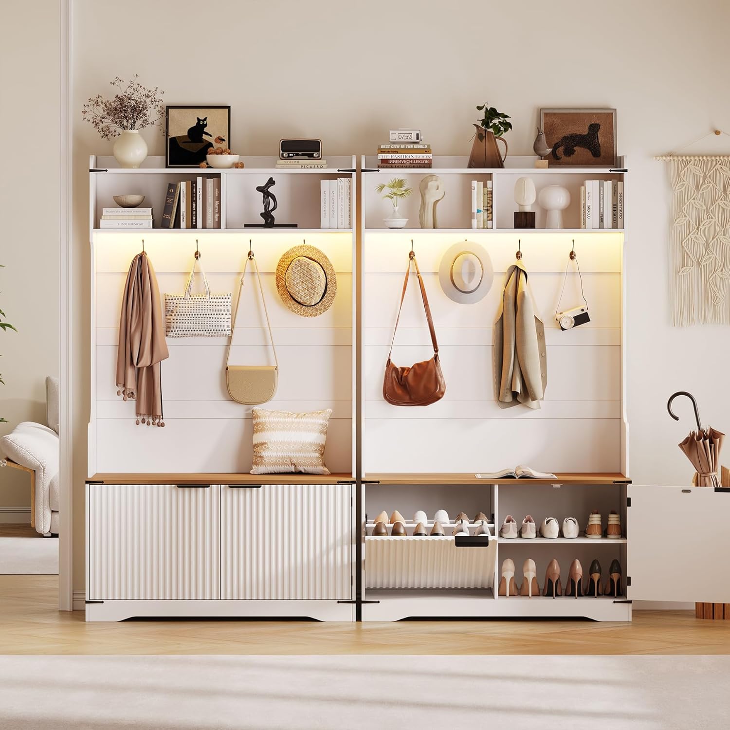 Maupvit 67" Tall Modern Boho Hall Tree with Bench and Shoe Storage, Entryway Fluted Coat Tree, Mudroom Bench with Flip Drawers, 4 Coat Hooks, Adjustable LED Light for Garage, Halls, White