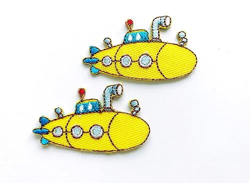 TH - Juego de 2 pequeños mini submarinos amarillos con logotipo de dibujos animados, parches para coser para planchar en bordado, insignia, parche