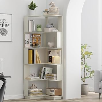 Corner Bookshelf 65 Tall L-Shaped Bookshelf for Small Room, 5 Tier Display Shelf Open Storage Rack for Living Room Office Study, White Oak