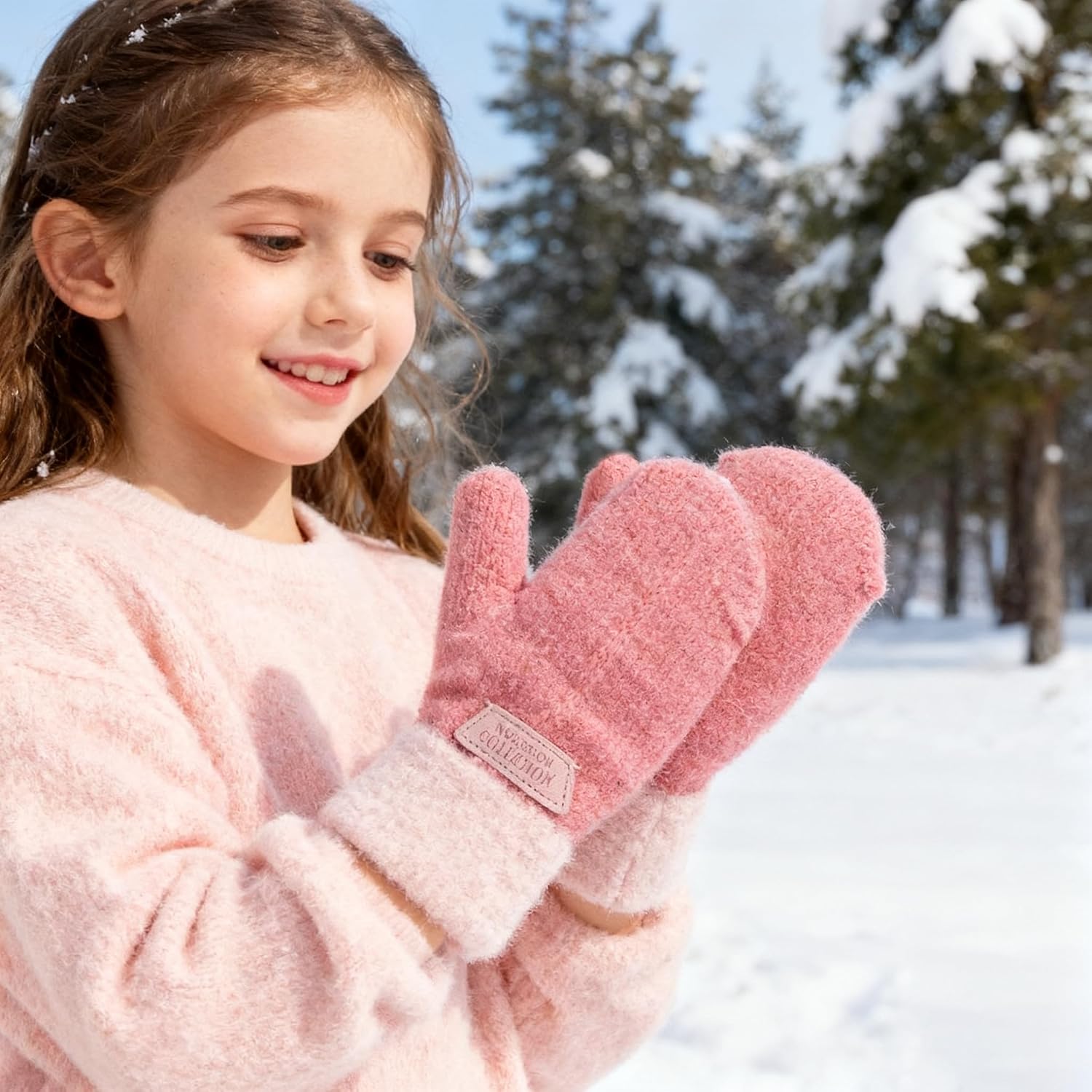 Mealah Kids Winter-Warm-Knit-Mittens for Boys-Girls - Double Layer Thick Warm Outdoor Gloves for 5-10Years Kids