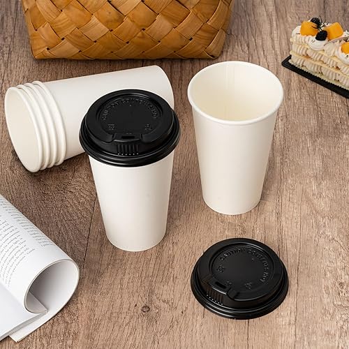 Miniatura 7 de YEEHAW Paquete de 100 tazas de café de 16 onzas con tapas y mangas, vasos de papel desechables blancos, tazas calientes para café, líquido caliente,