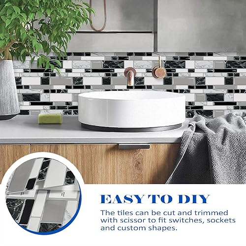 Miniatura 9 de 10 hojas de azulejos autoadhesivos para salpicaduras de 12 x 12 pulgadas para cocina, baño, mármol blanco y negro