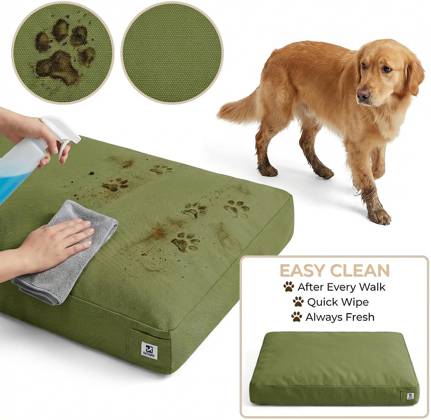 Sytopia 42 Inch Canvas Outdoor Dog Bed for Extra Large Dogs, Durable Indoor Patio Pet Pad for Crate, Waterproof Machine Washable Removable Cover, Green