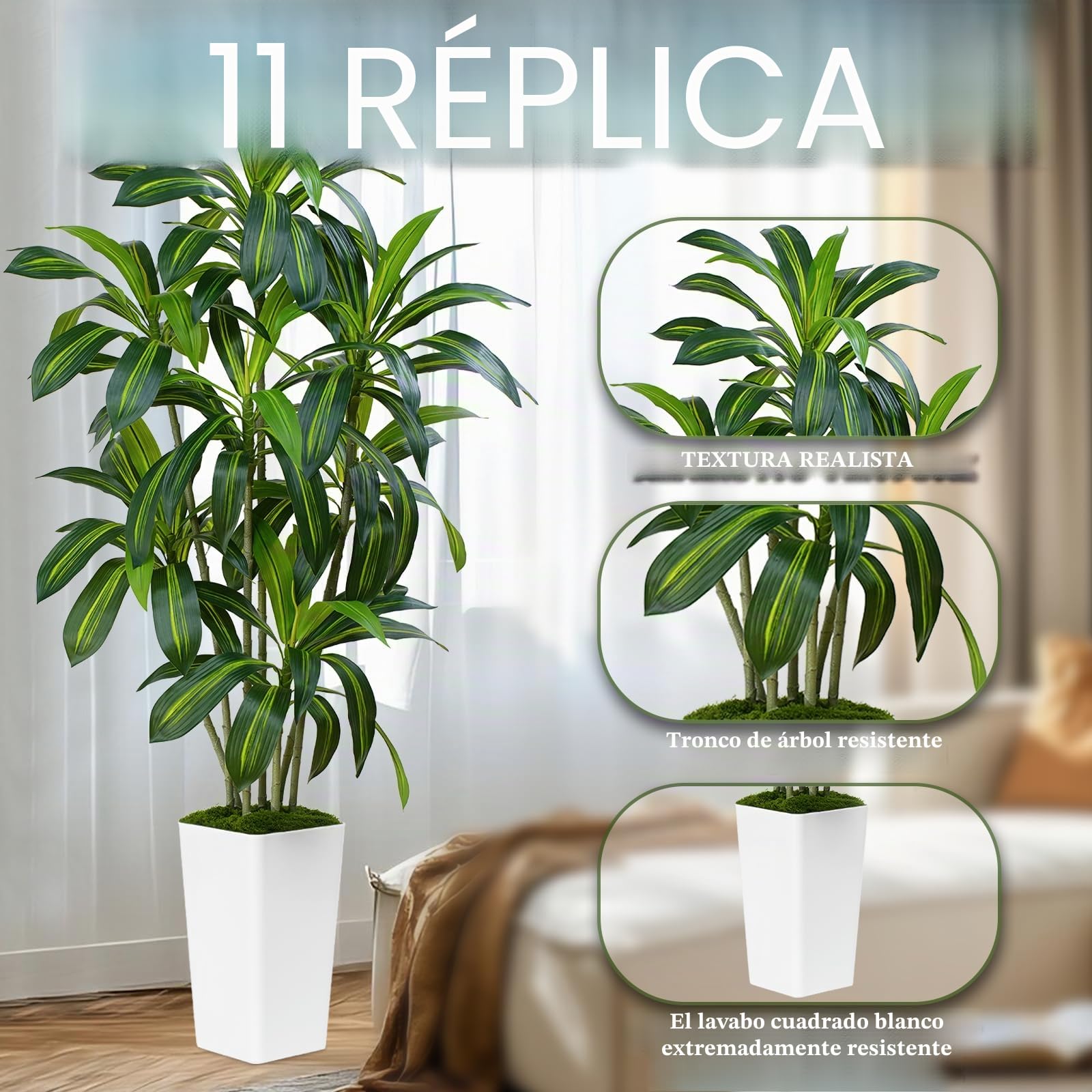 Planta Artificial Dracaena de 180cm Planta Artificial Grande con Maceta Alta Blanca Plantas Artificiales Decorativas para Interiores Decoración Salon hogar Dormitorio Oficina Pasillo