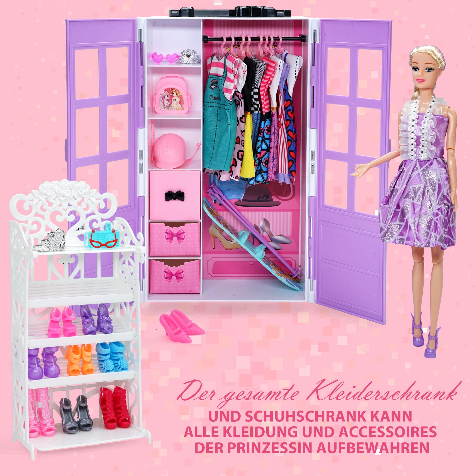 Sidola Doll Closet Kleidung und Accessoires - 135-teilig mit Stauraum für Puppen, Kleiderschrank-Set, Prinzessinnen-Fashion-Pack mit Brautkleid/Dress/Highheels/Kleidung