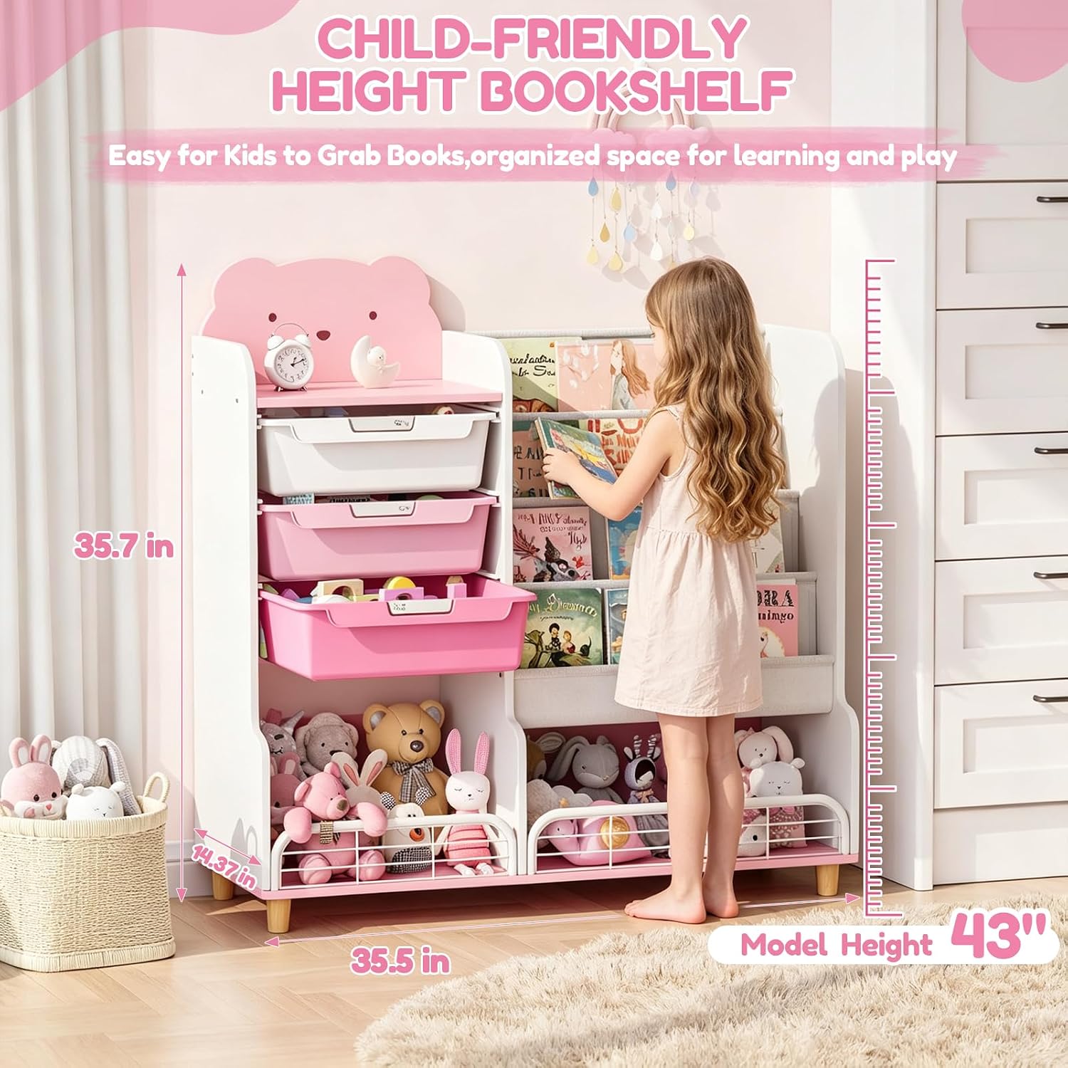SYKIARIOL 4 -in-1 Kids Bookshelf and Toy Storage Organizer with Shelves,4 Tier Kids Bookcase and Wooden Cabinet with Drawers for Toddler Nursery Kids Rooms Playroom Classroom,Pink