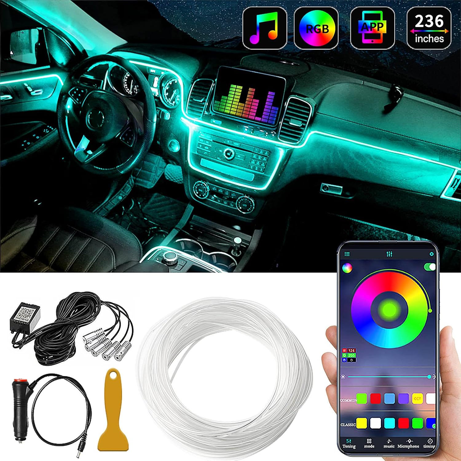 Car LED Interior Strip Lights, LIGHEID Multicolor RGB Ambient Lighting Kits, 16 Million Colors 5 in 1 with 236 inches Fiber Optic, Sound Active Function and Wireless Bluetooth APP Control Car LED Interior Strip Lights, LIGHEID Multicolor RGB Ambient Lighting Kits, 16 Million Colors 5 in 1 with 236 inches Fiber Optic, Sound Active Function and Wireless Bluetooth APP Control