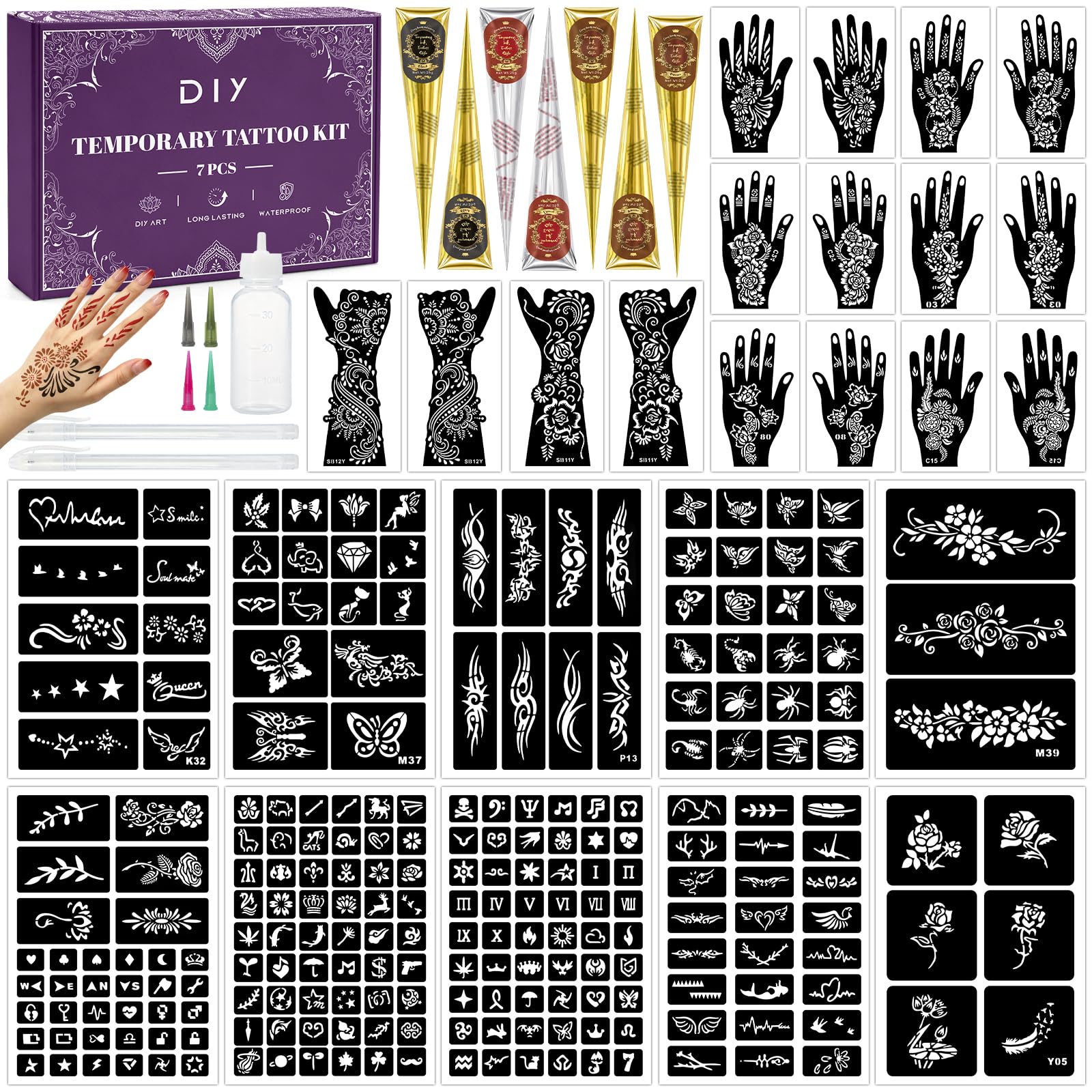 Temporary Tattoo Kit: 243Pcs Stencil,7 Cones 3 Colors (Black/Maroon/Cherry)