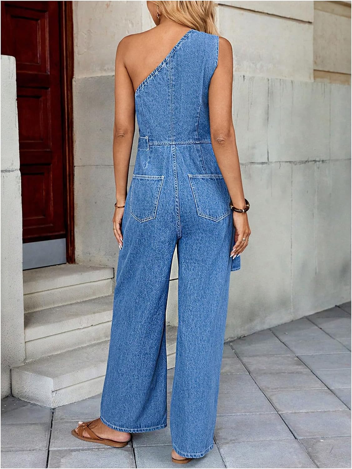 OYOANGLE Women's One Shoulder Sleeveless Denim Jumpsuits Knot Side Wrap Straight Leg Jean Overalls