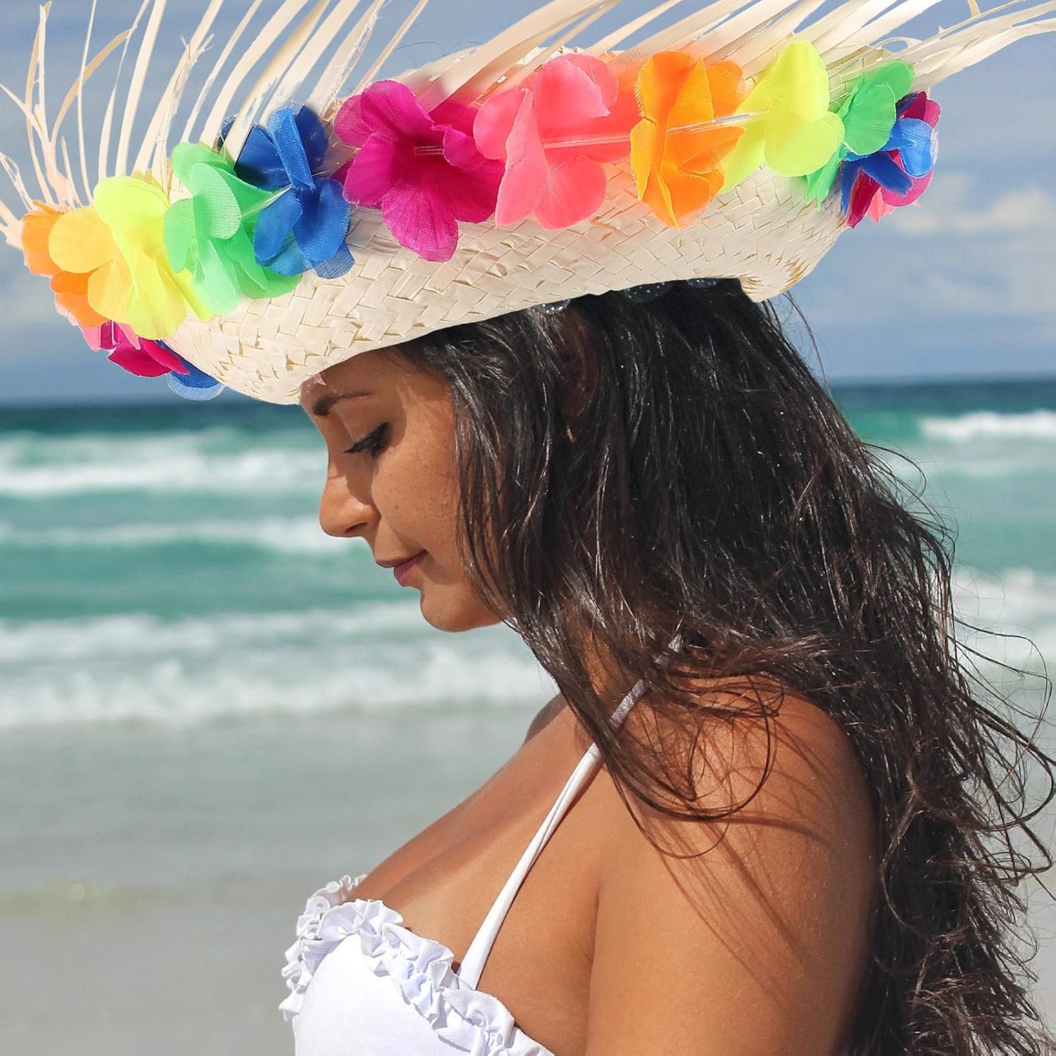 Yardwe Stylish Woven Sun Hat with Wide Brim, Lightweight Grass Material Beach Hat for Hawaiian Party and Outdoor Shopping, Fit Your Figure, Beautiful Decoration for Theme Parties